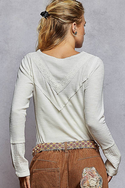 Pol Clothing - Long sleeve double gauze solid knit rib top: Black / M