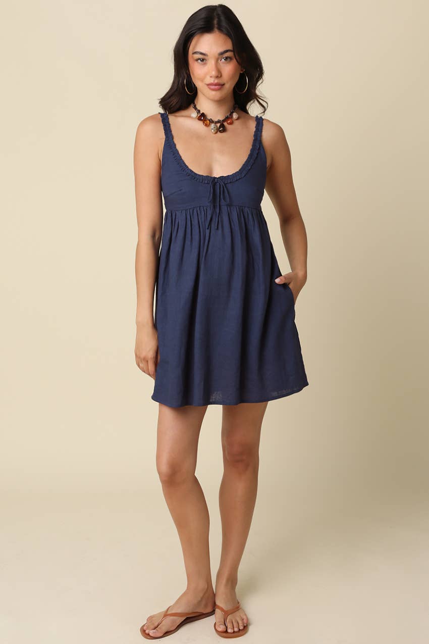Olivaceous - Ethel Babydoll Tie Mini Dress: Navy / Contemporary / S