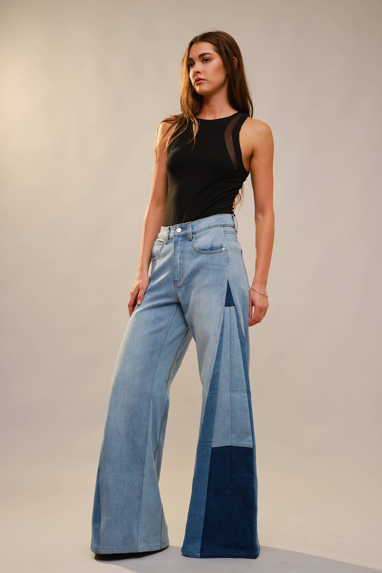 Blue B - 91673P - High Rise Super Wide Leg Color Block Jeans: MEDIUM WASH / S-M-L (2-2-2)