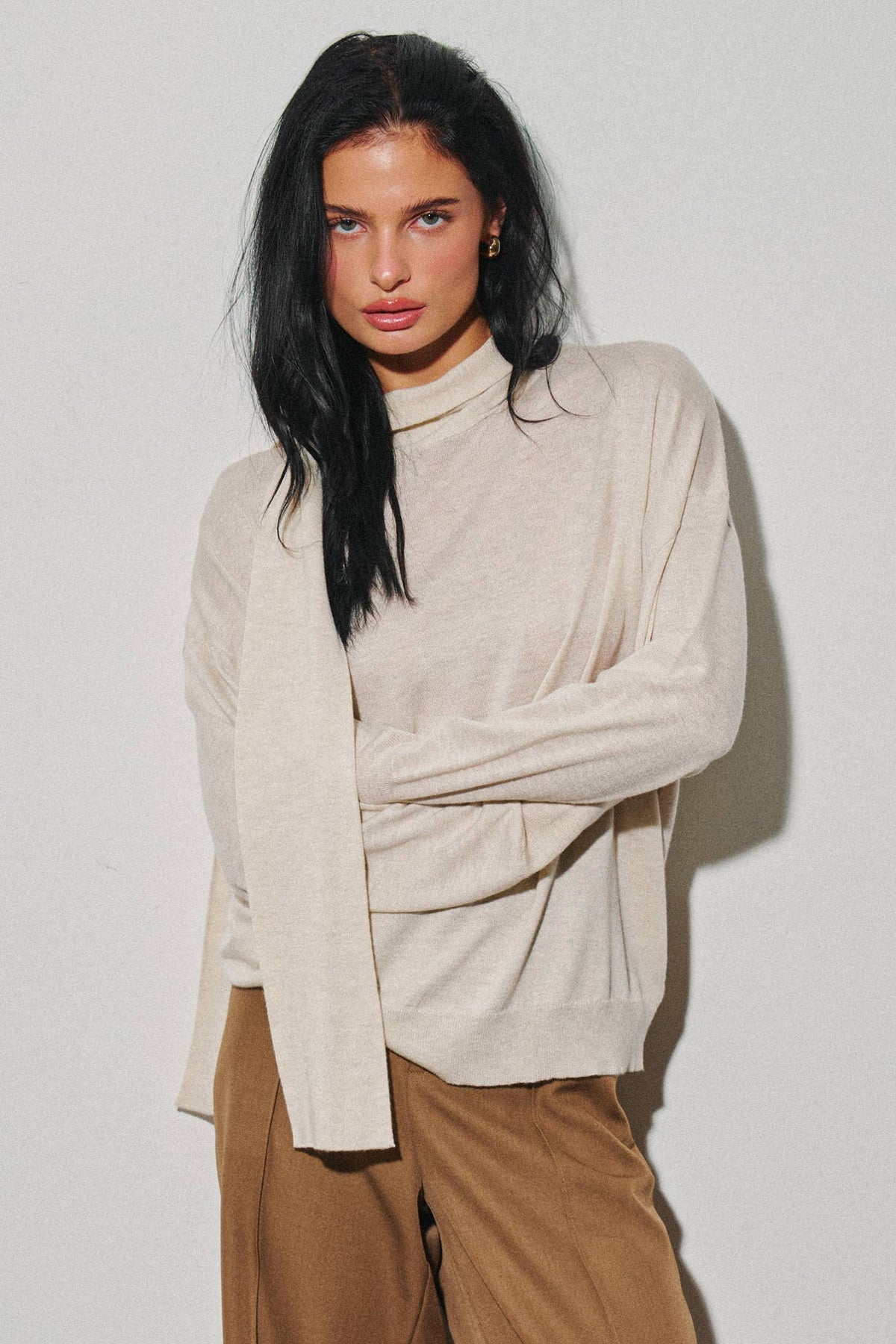 BEIGE BOTANY - M0009T LADIES KNIT PULLOVER SWEATER W/ SCARF: Oat / SM