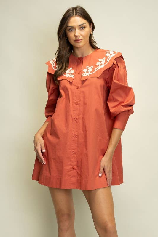 Heyson - JOD1227 Embroidered Collar Puff Sleeve Shirt Dress: PLUM / S-M-L (2-2-2)
