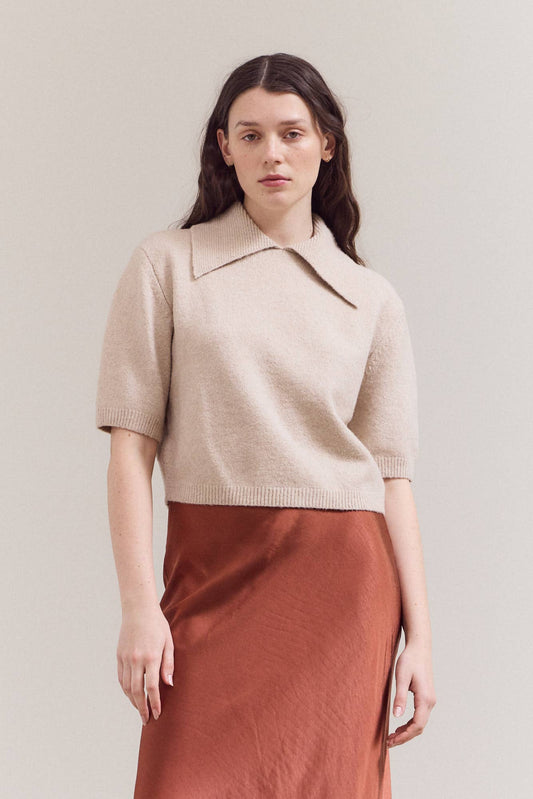 Grade & Gather - 42034 - 3/4 SHORT SLEEVE COLLAR NECK KNIT TOP: IRISH CREAM / Contemporary / MEDIUM