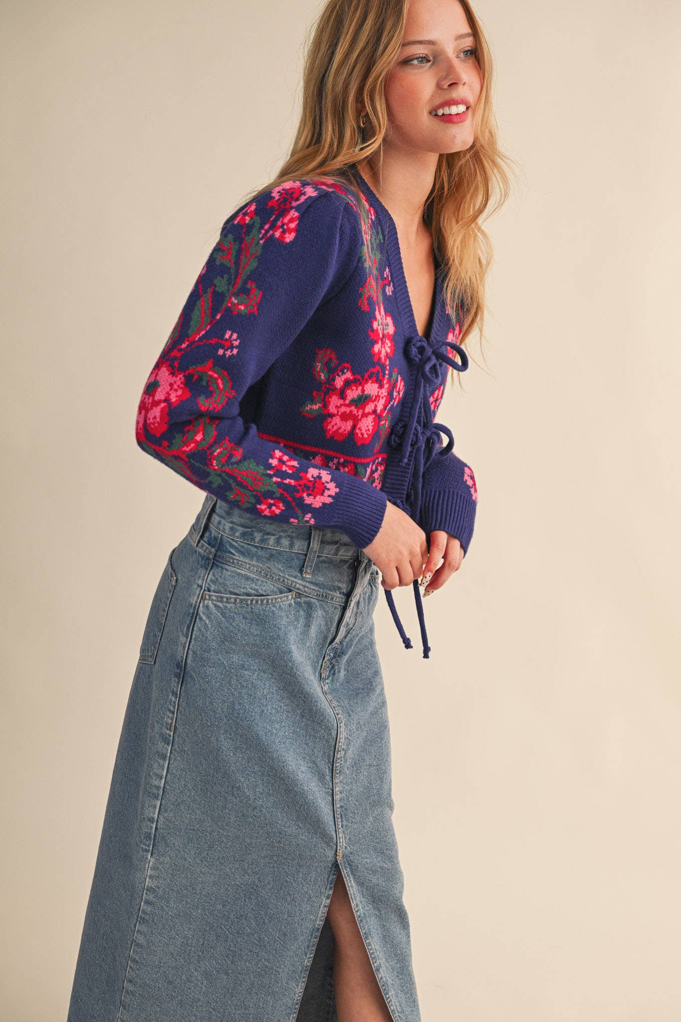 &MERCI - FLORAL KNIT TIE-FRONT CROPPED SWEATER CARDIGAN MSW11133: Brick Red Floral / L