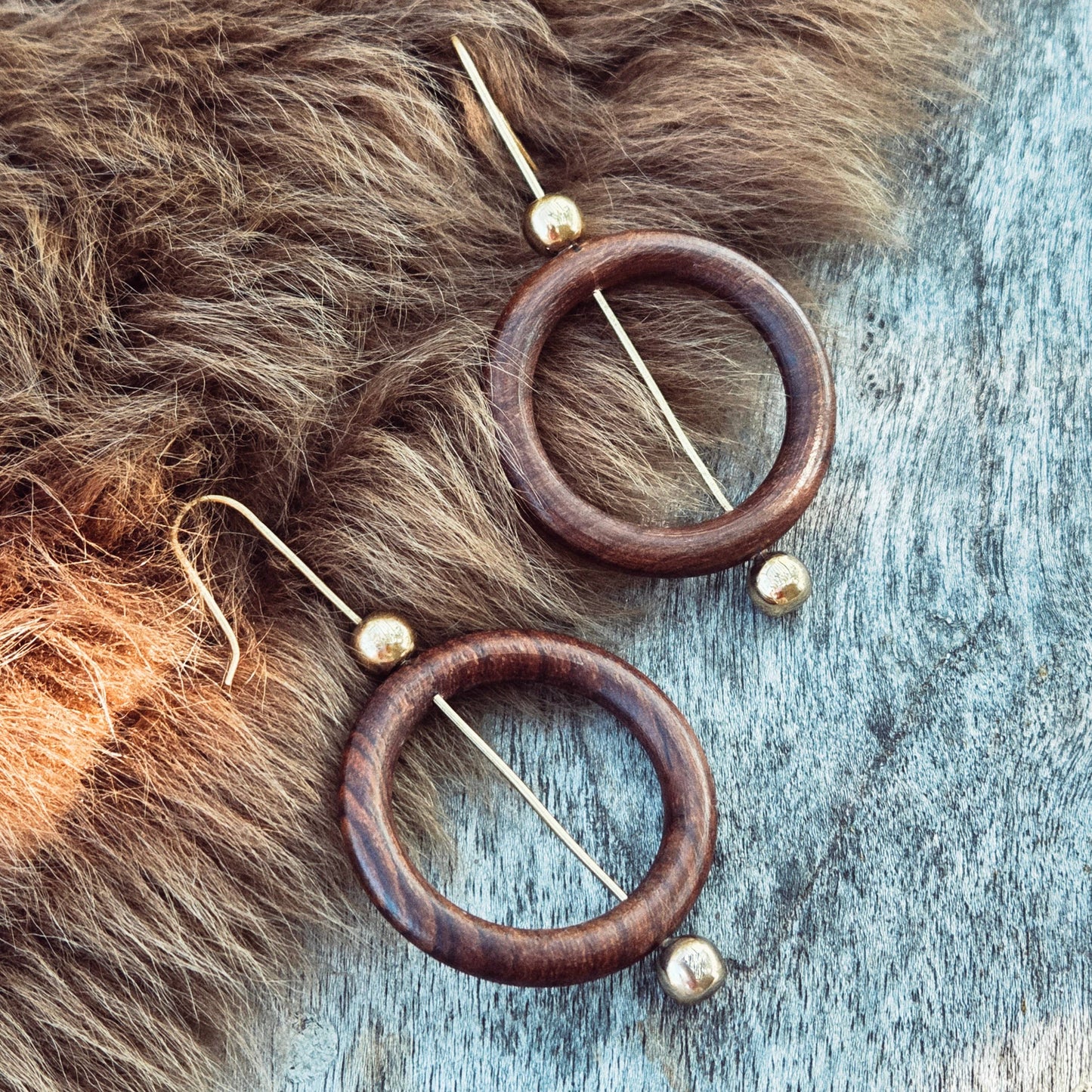 Bisjoux - Brass wood hoop sphere earrings handmade Bisjoux exclusive