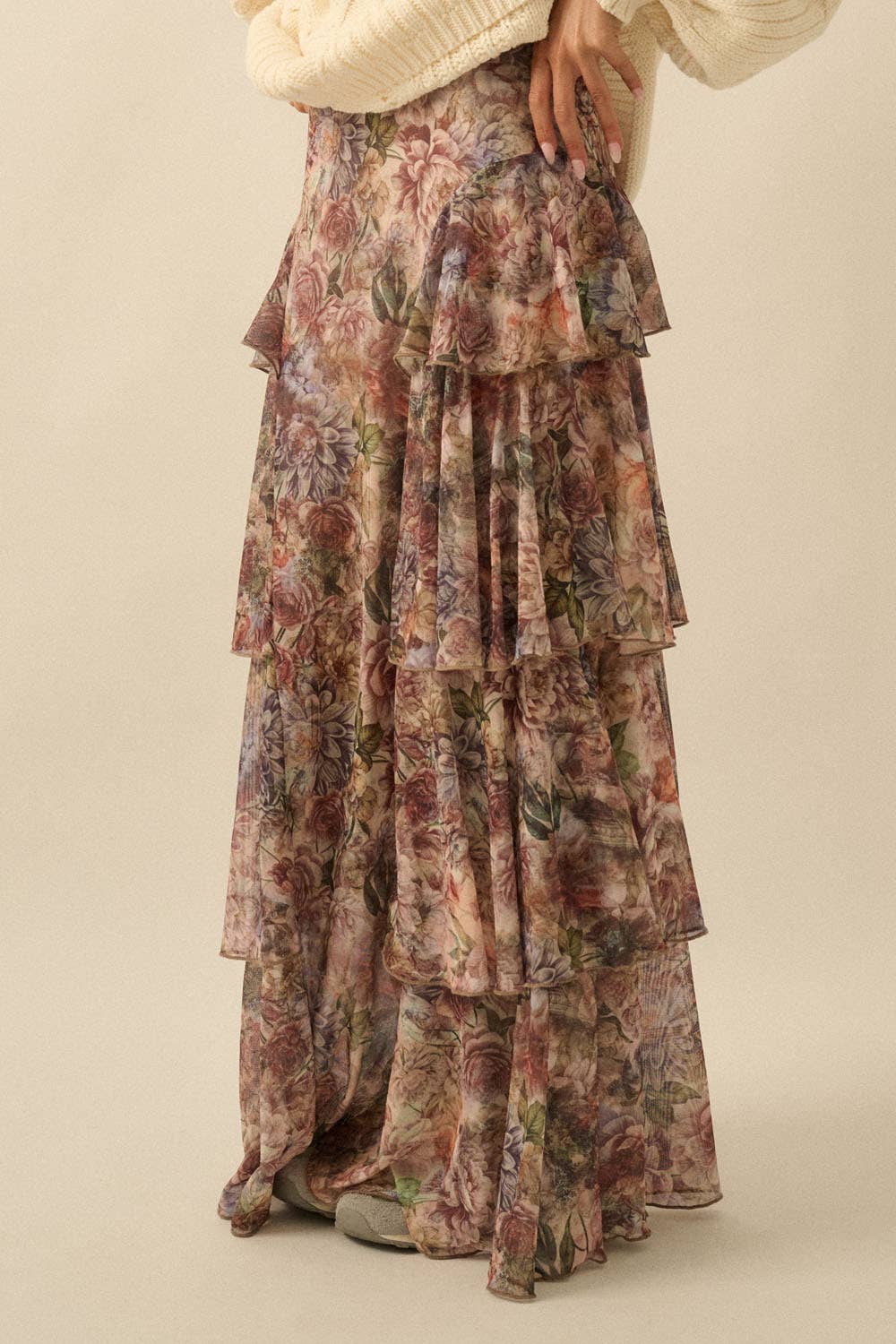 Promesa USA - Floral-Print Mesh Tiered Side-Ruffle Maxi Skirt: SAND / M
