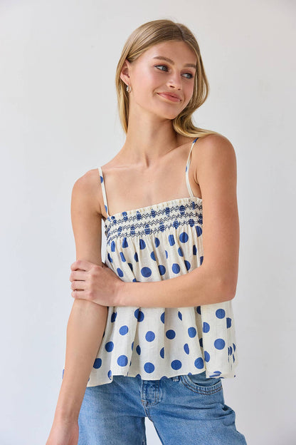 RAISONNEL - Polka Dot Smocked Cami Top - RT1308: POLKA DOT / S-M-L (3-2-1)