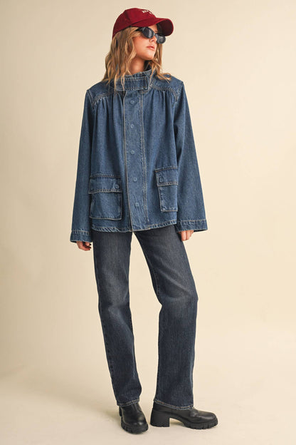 &MERCI - DENIM STAND COLLAR UTILITY JACKET MJK5157: DARK VINTAGE BLUE / S
