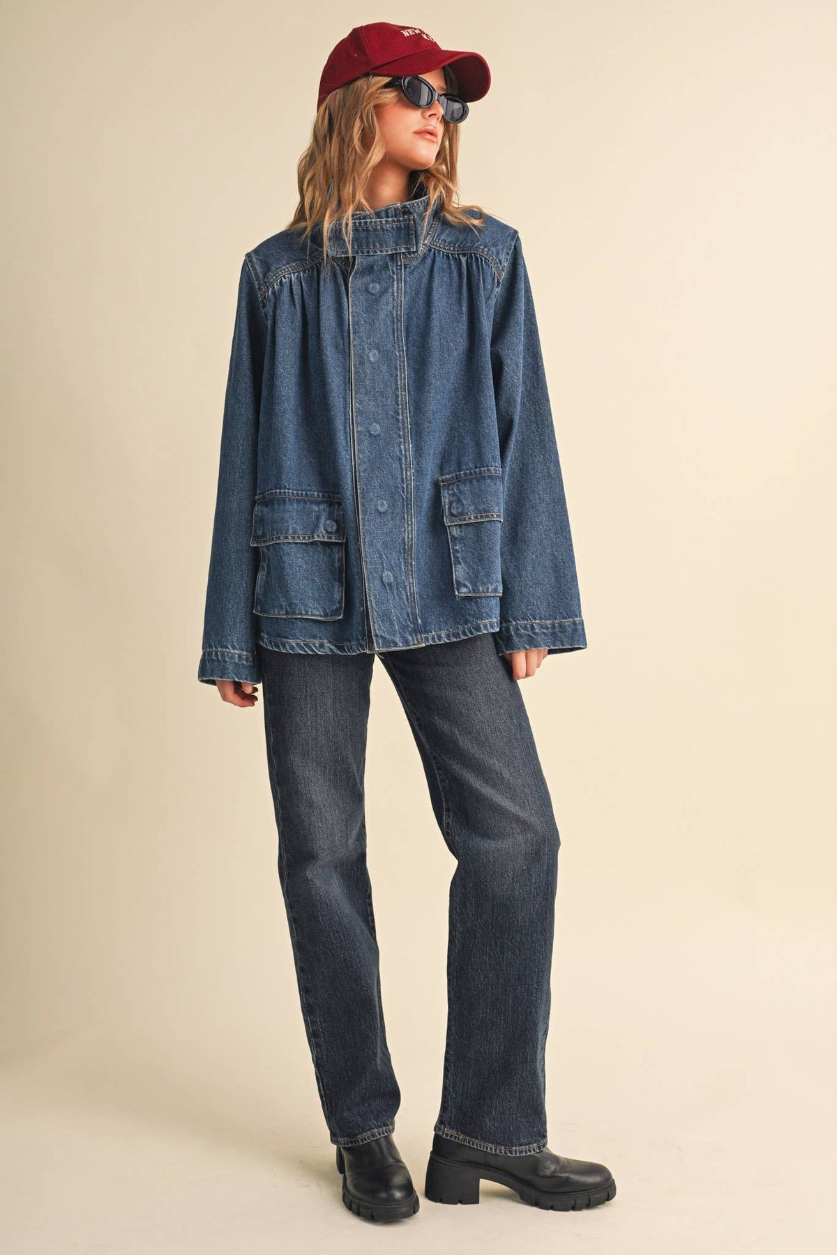 &MERCI - DENIM STAND COLLAR UTILITY JACKET MJK5157: DARK VINTAGE BLUE / M