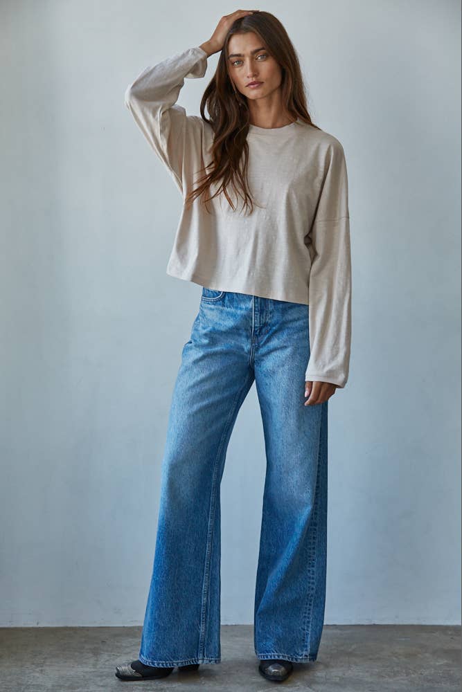 By Together - L8748 | Knit Cotton Mock Neck Long Wide Sleeve Top: Deep Taupe / L