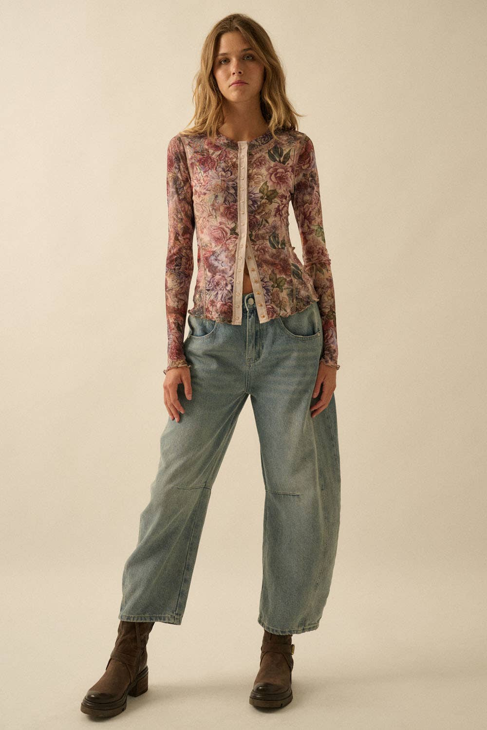 Promesa USA - Floral-Print Mesh Snap-Front Long-Sleeve Top: SAND / L