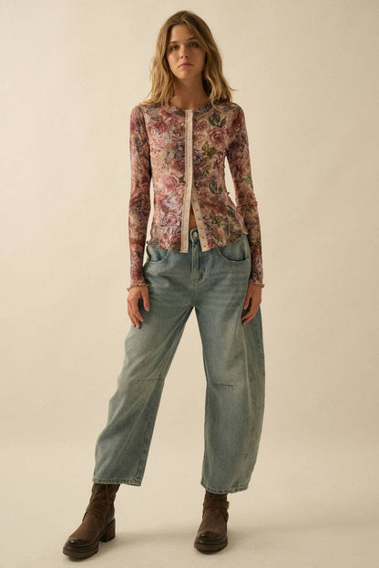Promesa USA - Floral-Print Mesh Snap-Front Long-Sleeve Top: SAND / M