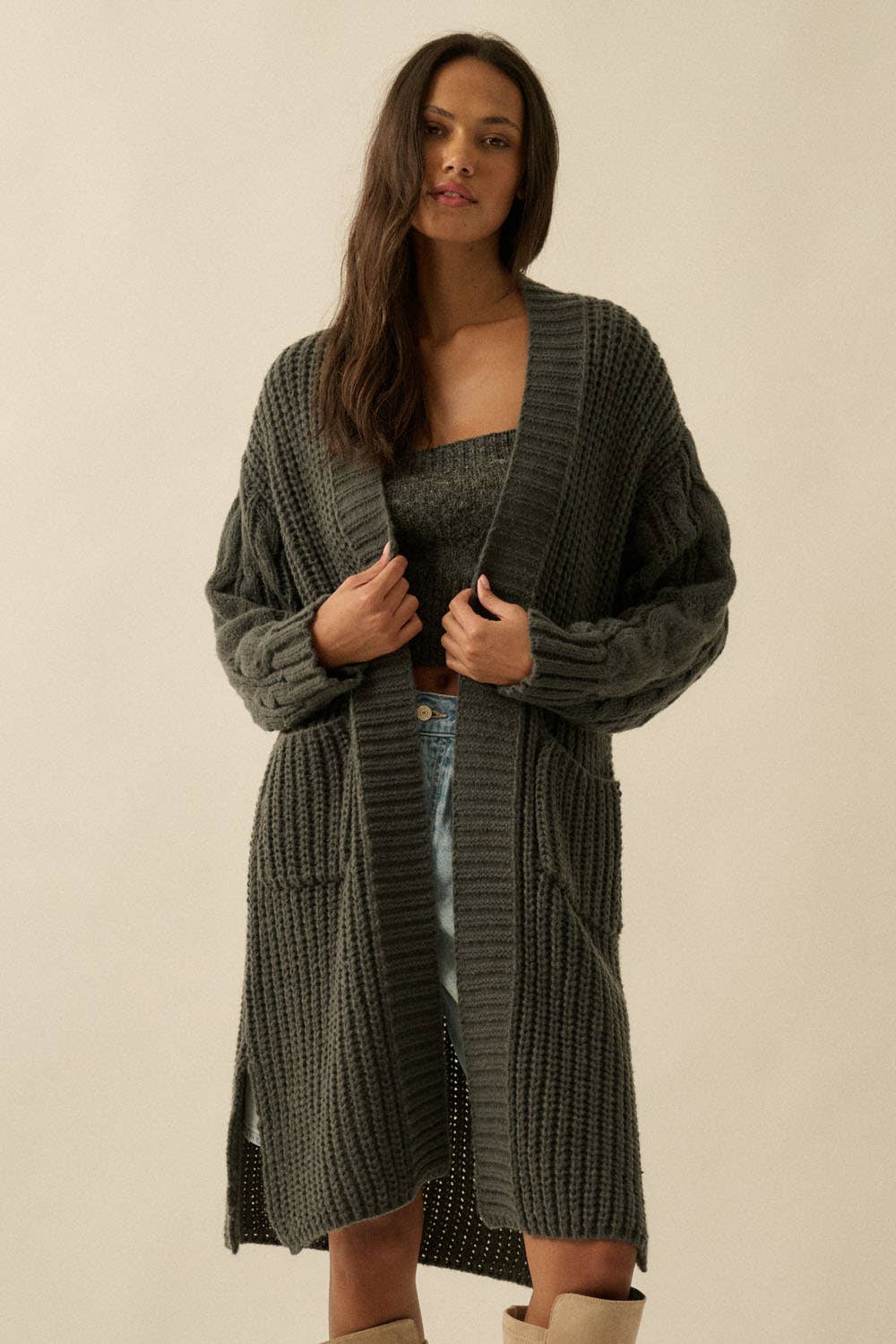 Promesa USA - Solid Rib Knit Open Front Cable Knit Cardigan: Sunburn / L