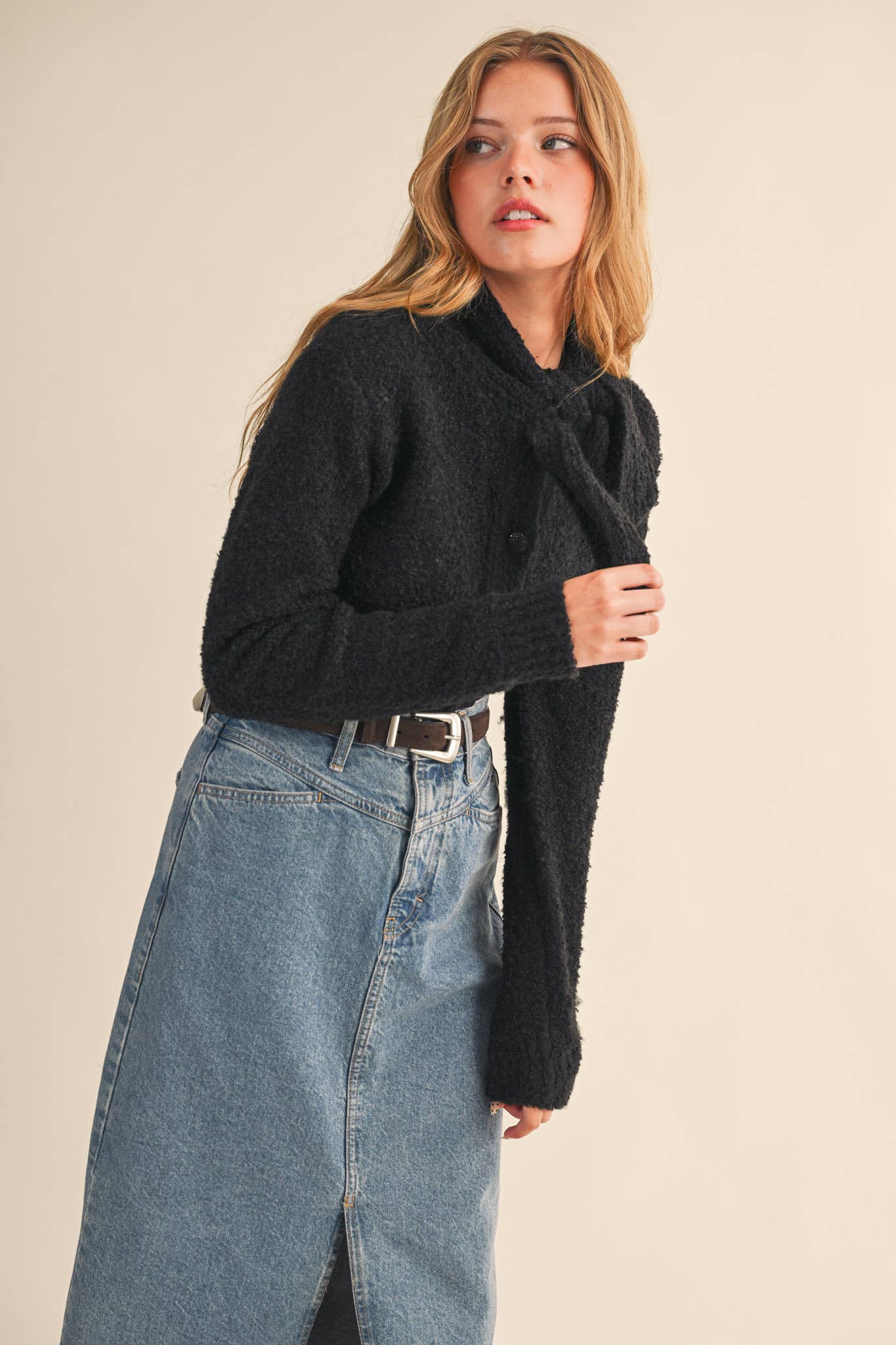 &MERCI - TYING NECK SWEATER CARDIGAN MSW11027: Black / M