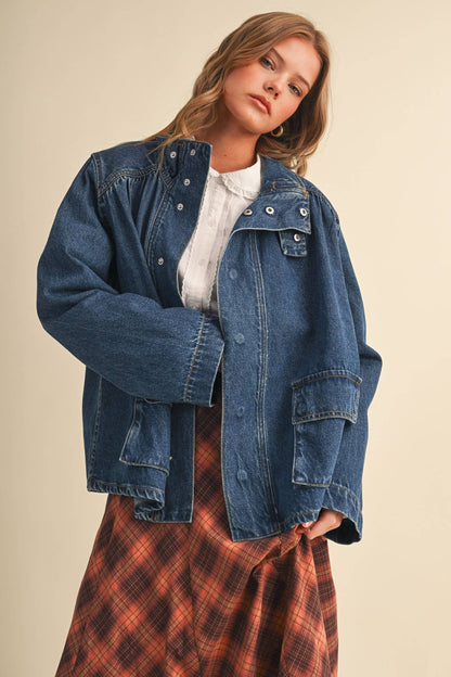 &MERCI - DENIM STAND COLLAR UTILITY JACKET MJK5157: DARK VINTAGE BLUE / L