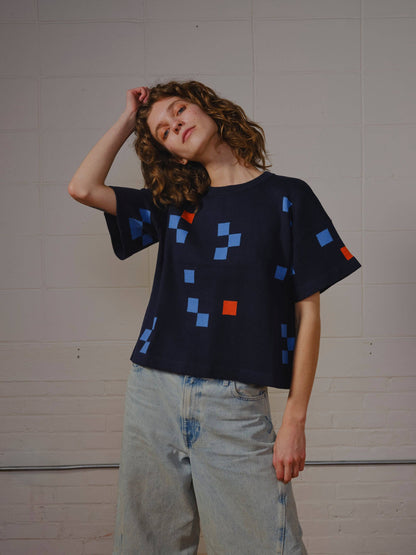 The Endery - Albers Short Sleeve Sweater Tee- Indigo: XS/S