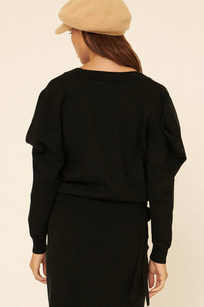 Promesa USA - Solid Knit V Neck Button Front Cardigan: Black / S