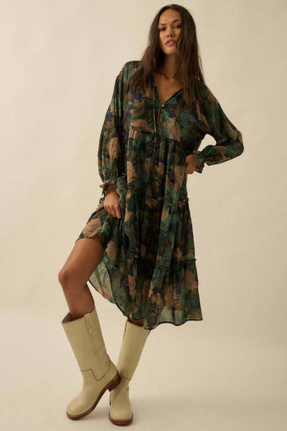 Promesa USA - Floral-Print Tiered Ruffle Long-Sleeve Midi Dress: SAND / L