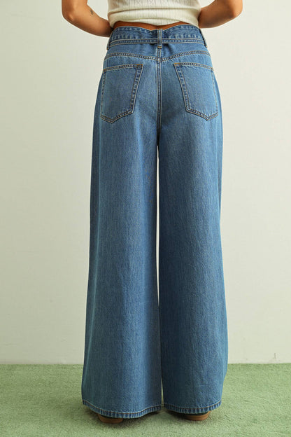 MIOU MUSE - P6402   WIDE LEG DENIM PANTS WITH SELF BELT: DENIM / L