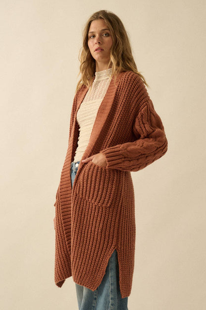 Promesa USA - Solid Rib Knit Open Front Cable Knit Cardigan: Sunburn / M