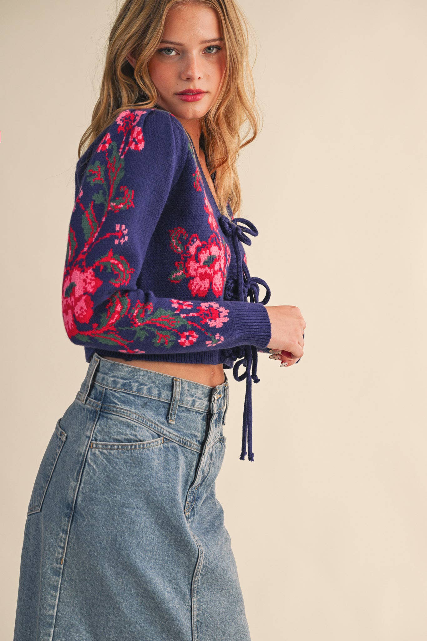&MERCI - FLORAL KNIT TIE-FRONT CROPPED SWEATER CARDIGAN MSW11133: Brick Red Floral / M