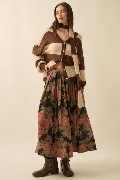 Promesa USA - Floral-Print Pleated Midi Circle Skirt: CHOCOLATE / M