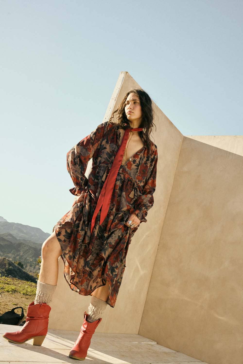 Promesa USA - Floral-Print Tiered Ruffle Long-Sleeve Midi Dress: SAND / S