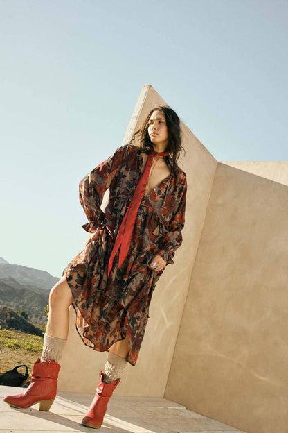 Promesa USA - Floral-Print Tiered Ruffle Long-Sleeve Midi Dress: SAND / S