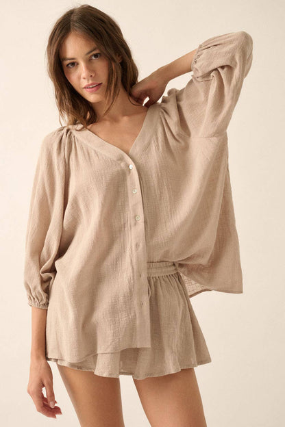 Promesa USA - Textured Button-Front Three Quarter-Sleeve Top: Off White / S