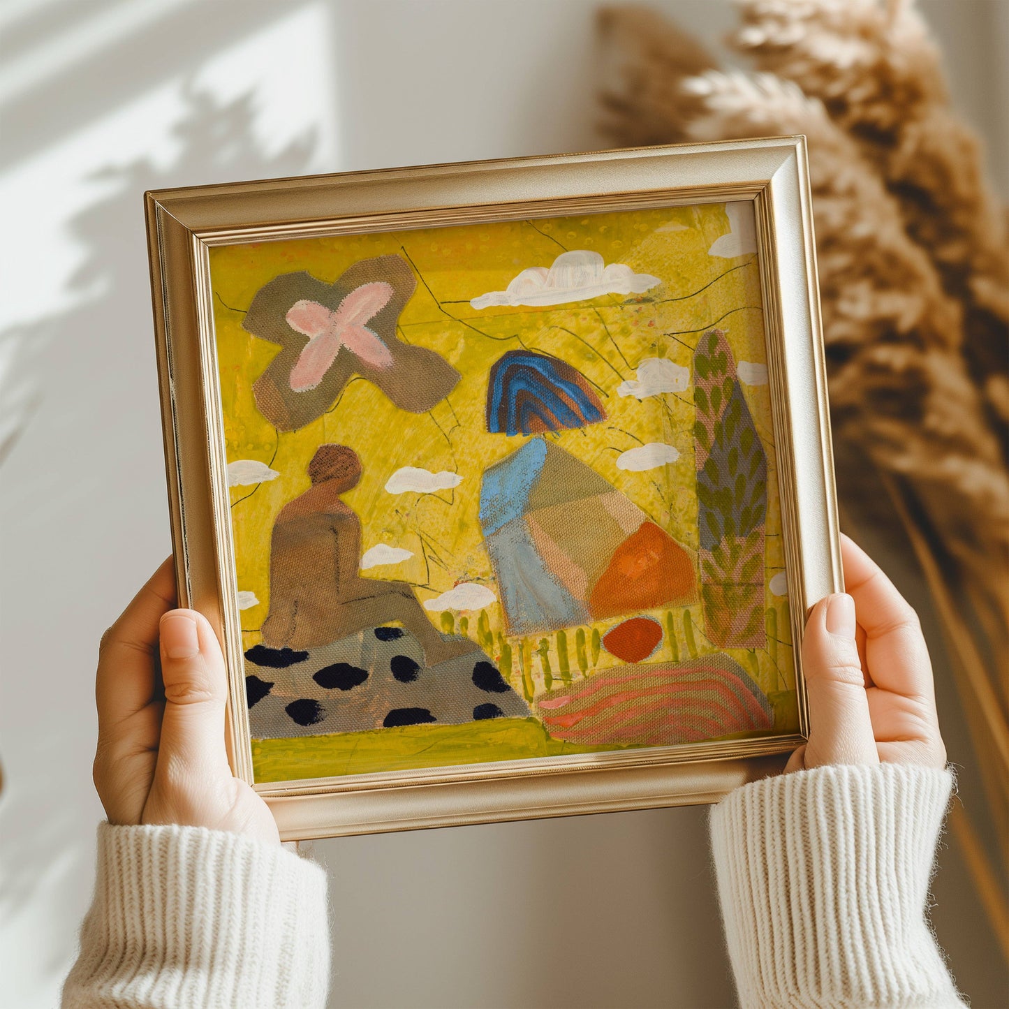 El Baker Art - Vibrant Yellow Abstract Figure Art Print: Unframed, Giclee Paper Print Only / 14×14