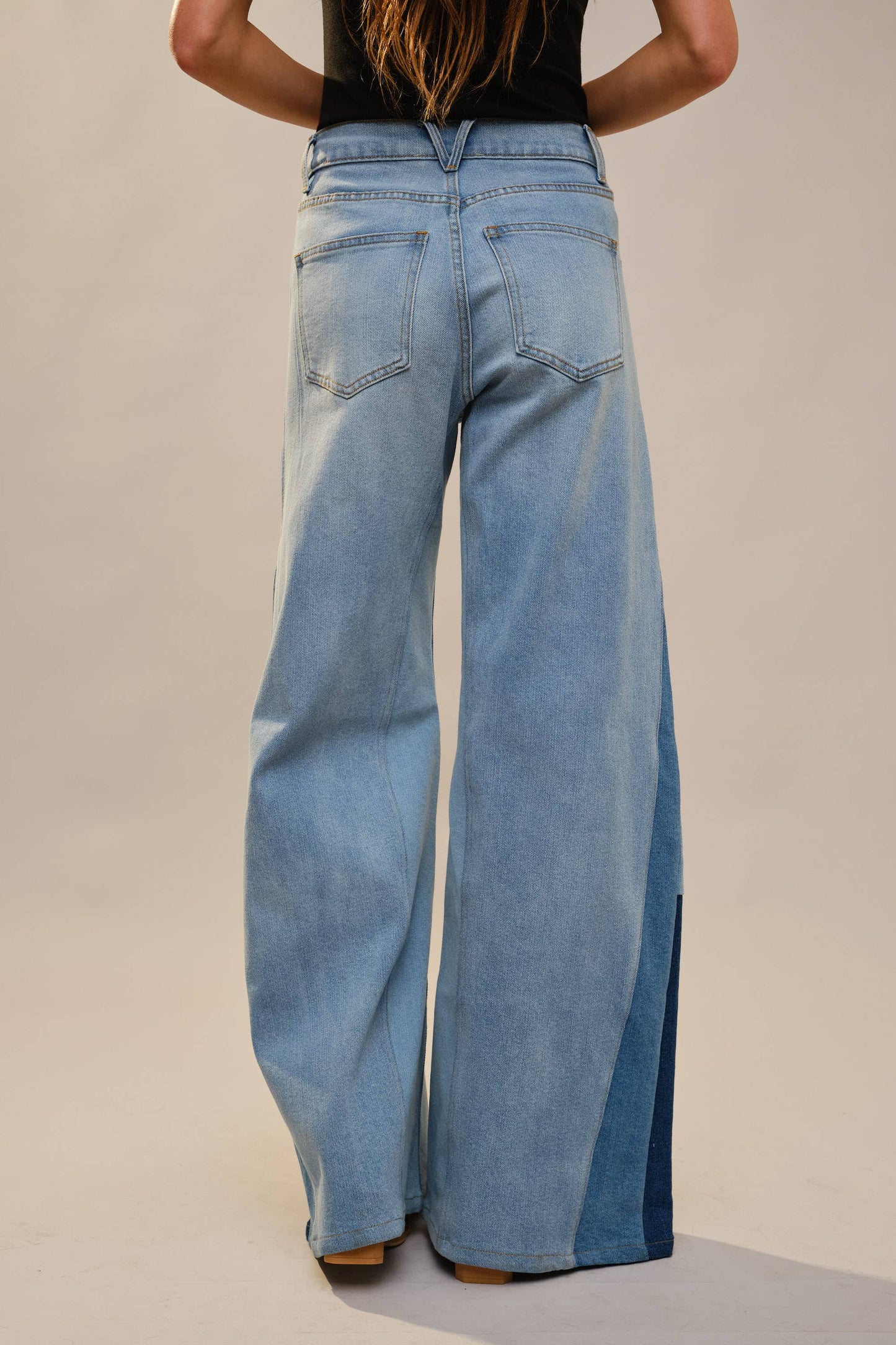 Blue B - 91673P - High Rise Super Wide Leg Color Block Jeans: MEDIUM WASH / S-M-L (2-2-2)