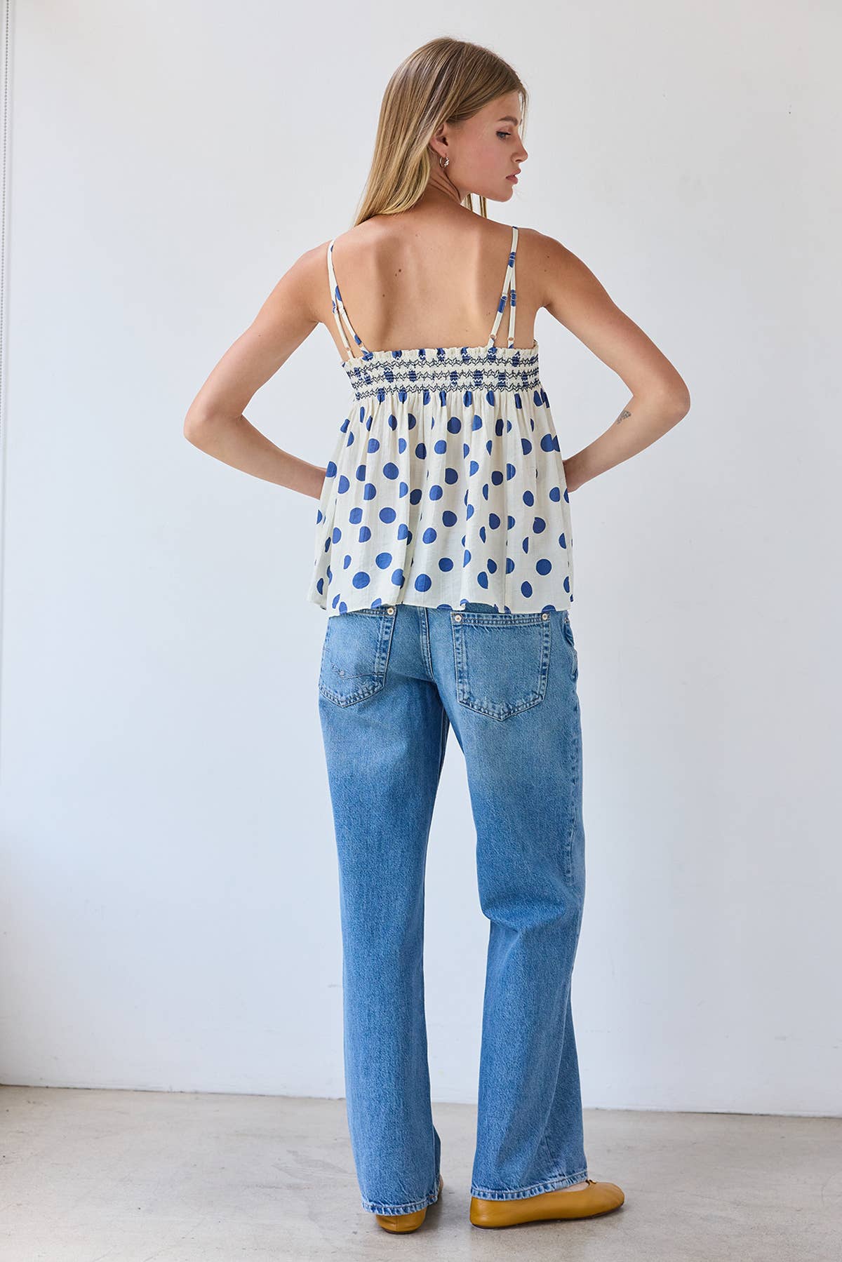 RAISONNEL - Polka Dot Smocked Cami Top - RT1308: POLKA DOT / S-M-L (3-2-1)