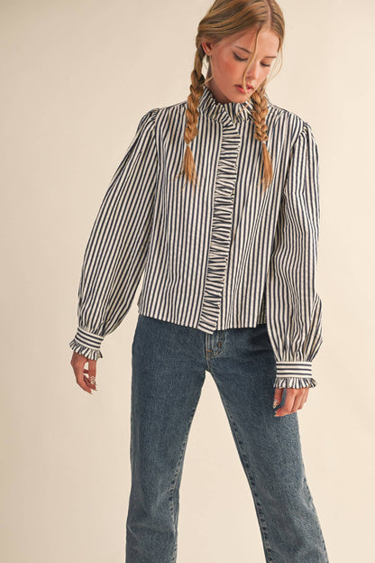 &MERCI - STRIPED RUFFLED BUTTON DOWN LONG SLEEVE TOP MTP4319: Denim Blue Stripe / M