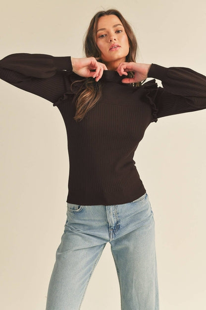 &MERCI - SHOULDER RUFFLE TURTLENECK SWEATER MSW1500: CHOCOLATE BROWN / L