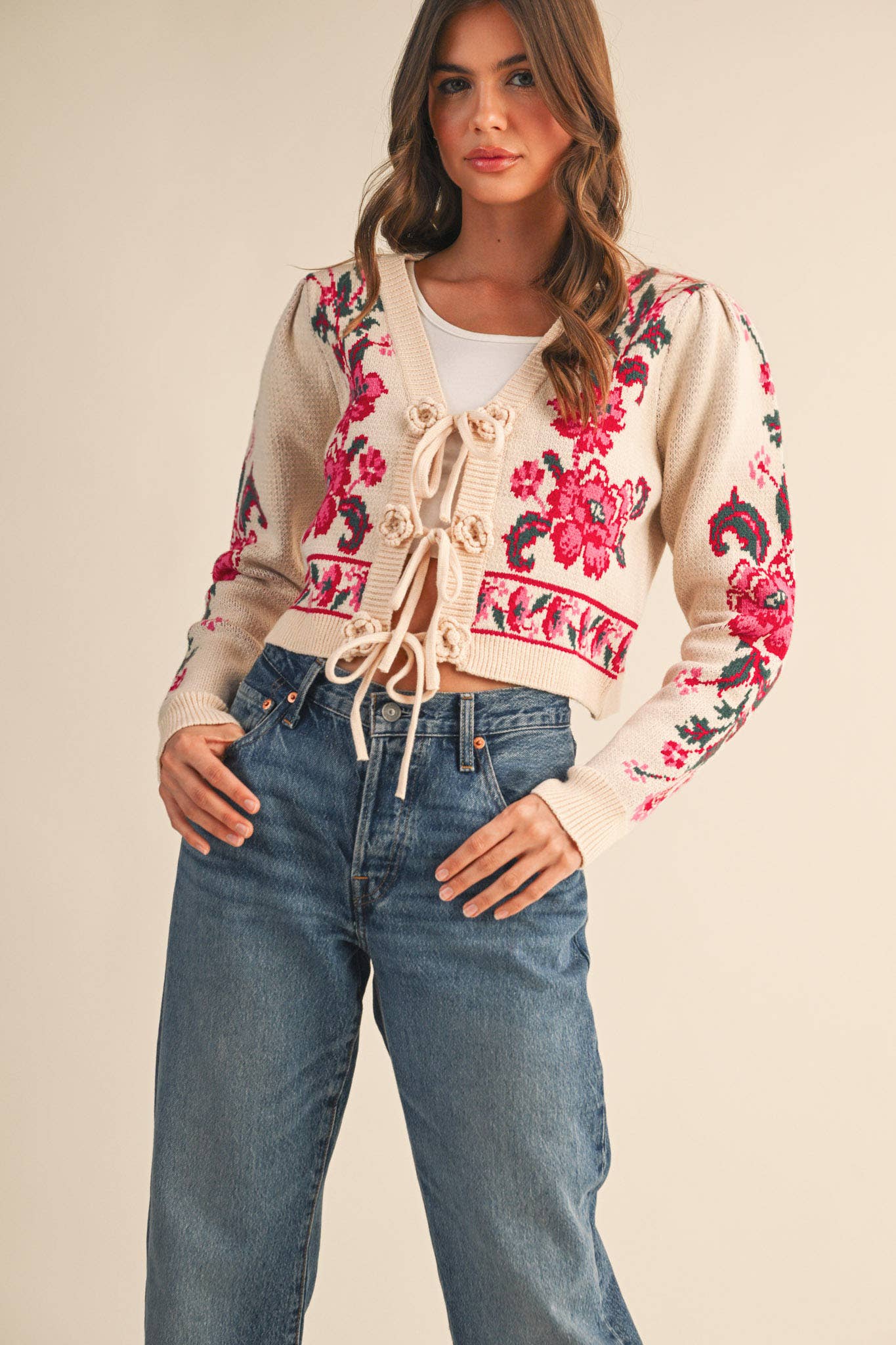 &MERCI - FLORAL KNIT TIE-FRONT CROPPED SWEATER CARDIGAN MSW11133: Brick Red Floral / L