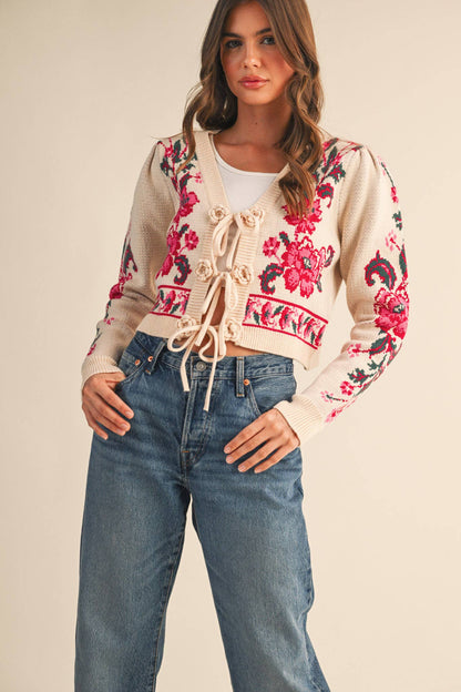 &MERCI - FLORAL KNIT TIE-FRONT CROPPED SWEATER CARDIGAN MSW11133: Brick Red Floral / L