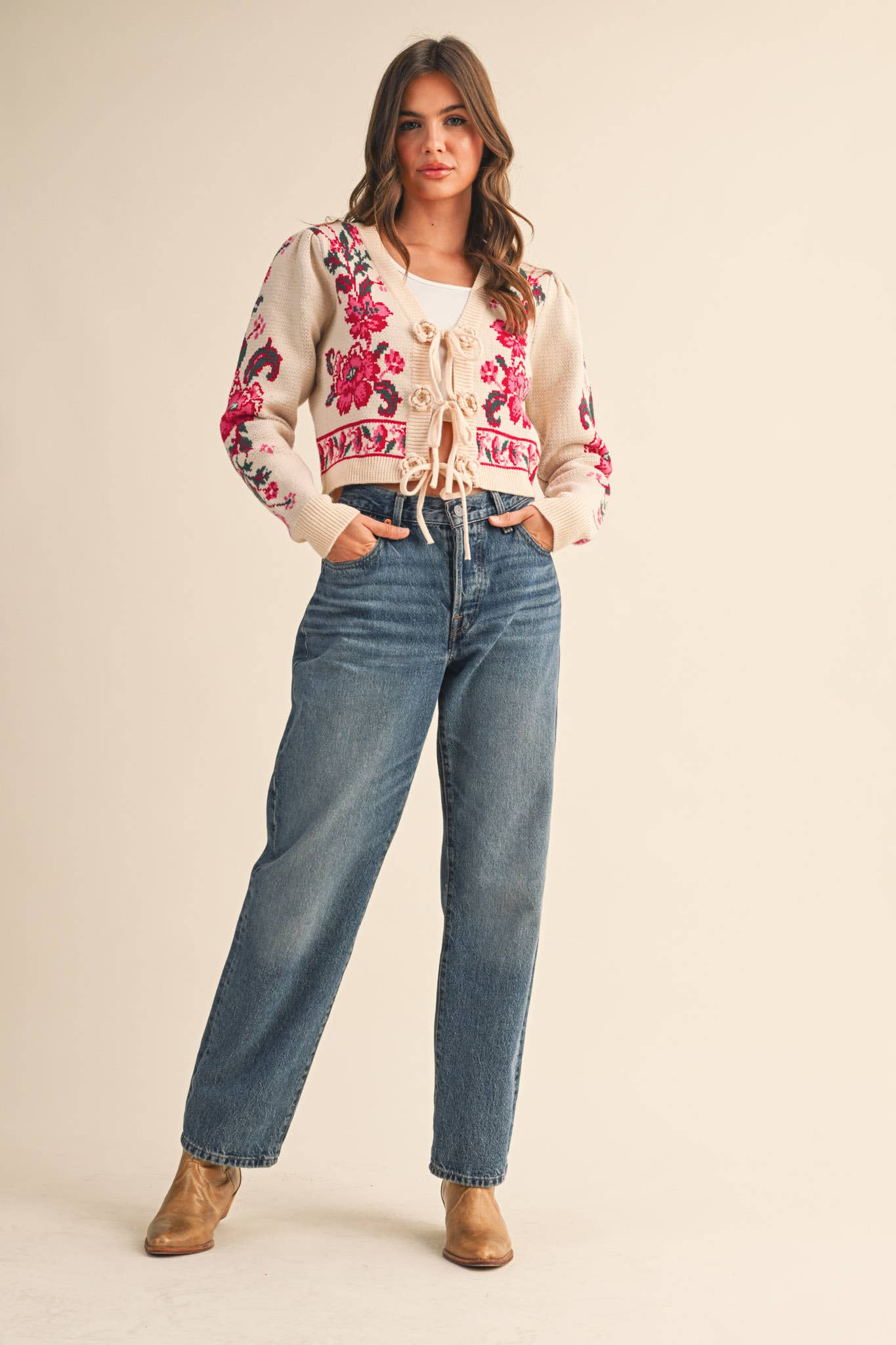 &MERCI - FLORAL KNIT TIE-FRONT CROPPED SWEATER CARDIGAN MSW11133: Brick Red Floral / M