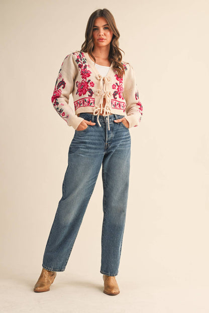 &MERCI - FLORAL KNIT TIE-FRONT CROPPED SWEATER CARDIGAN MSW11133: Brick Red Floral / L