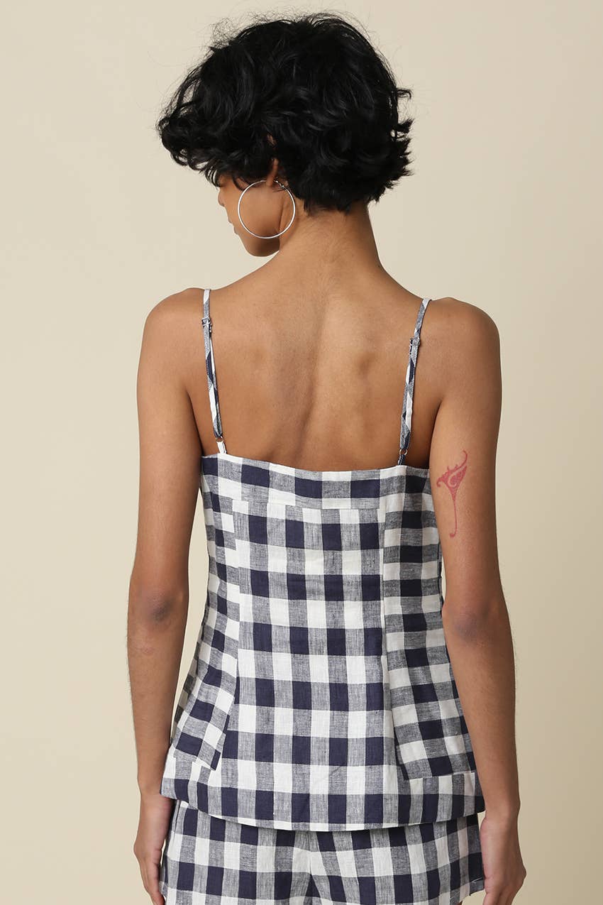 Olivaceous - Nora Gingham Linen Button Front Top: Navy White / Contemporary / M