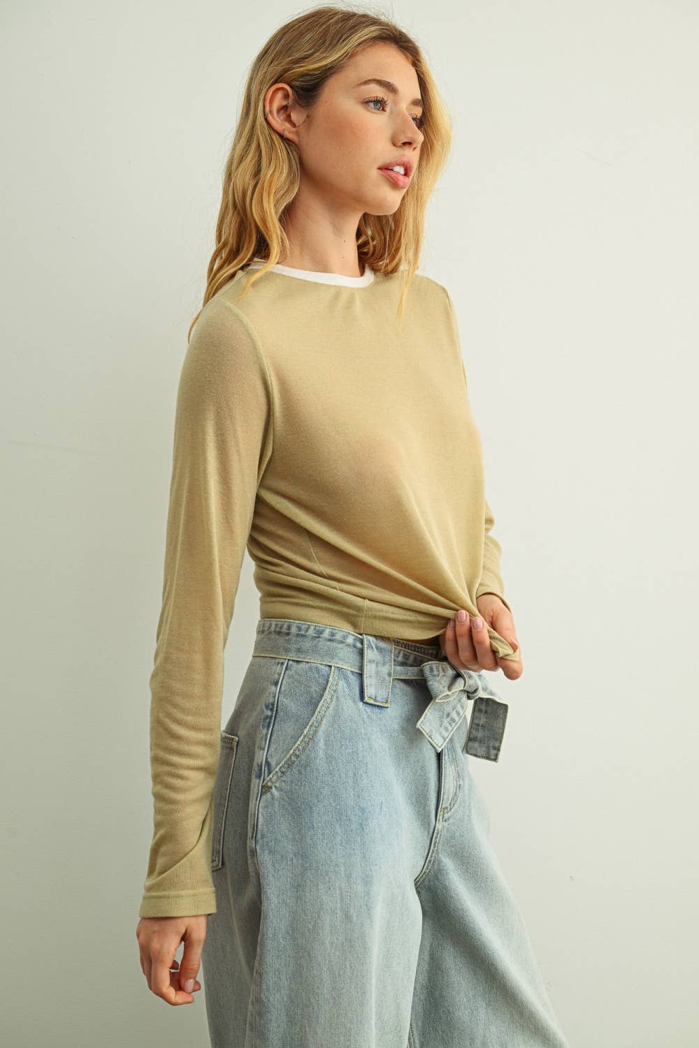 MIOU MUSE - ET7016   ESSENTIAL RINGER LONG SLEEVE TOP: CREAM/NAVY / M