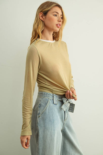 MIOU MUSE - ET7016   ESSENTIAL RINGER LONG SLEEVE TOP: CREAM/NAVY / M