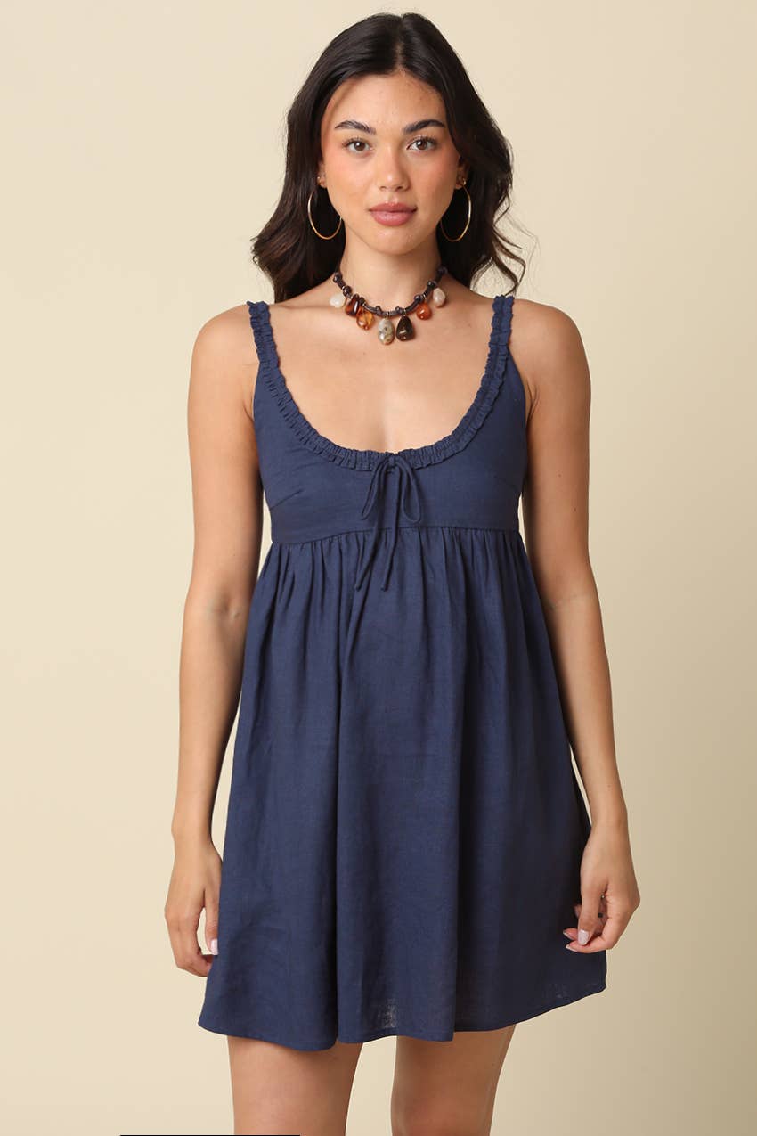 Olivaceous - Ethel Babydoll Tie Mini Dress: Navy / Contemporary / S