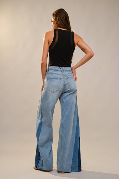 Blue B - 91673P - High Rise Super Wide Leg Color Block Jeans: MEDIUM WASH / S-M-L (2-2-2)