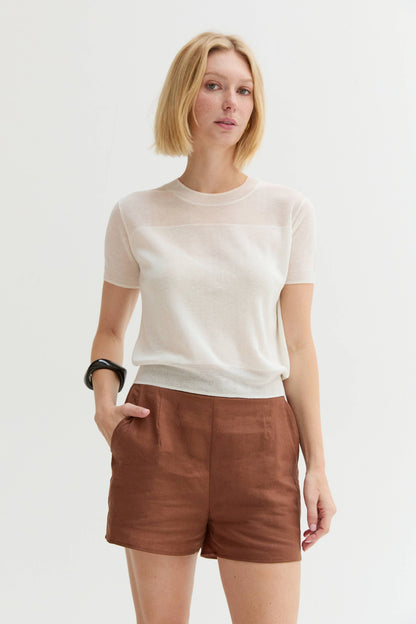 Crescent - CT9676 - Uri Short Sleeve Sheer Knit Top: IVORY / L