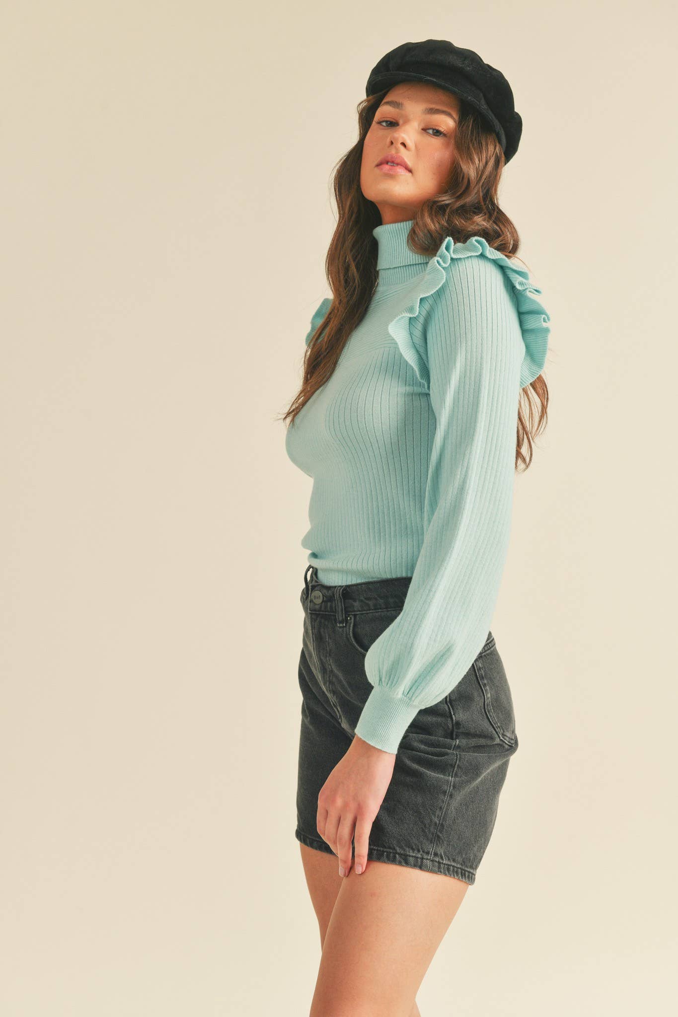 &MERCI - SHOULDER RUFFLE TURTLENECK SWEATER MSW1500: CHOCOLATE BROWN / S