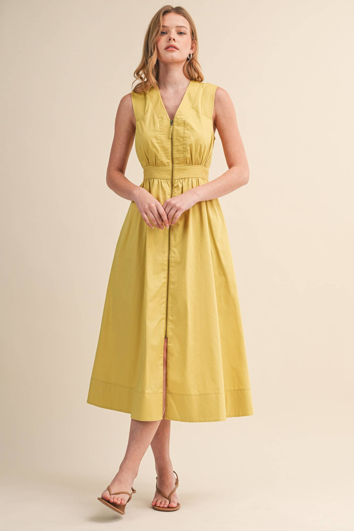 &MERCI - ZIPPER FRONT SLEEVELESS MIDI DRESS MDR4848: CITRON / S