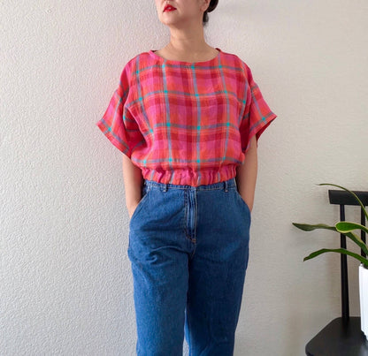 Joolee - Pink check linen top: M
