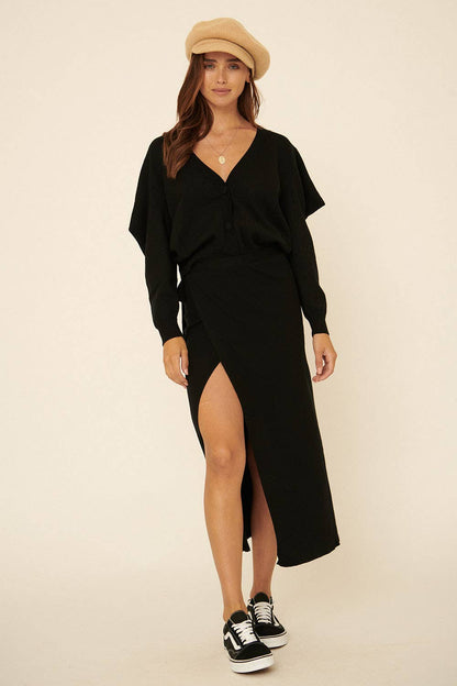 Promesa USA - Solid Knit V Neck Button Front Cardigan: Black / S