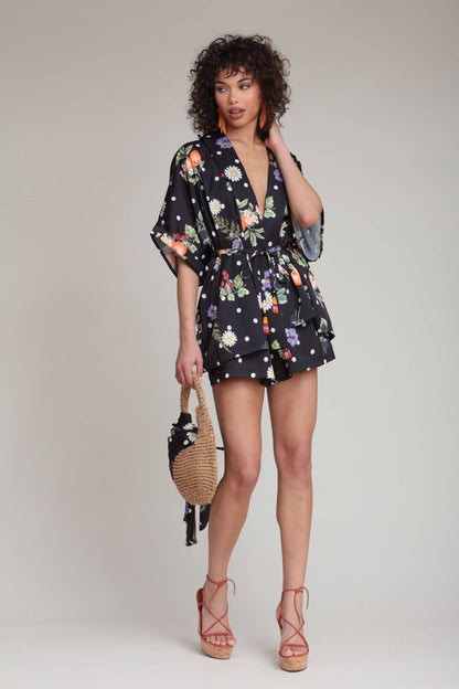 Avec Les Filles - Floral Polka Dot Satin Shorts: Black Scattered Botanical / M