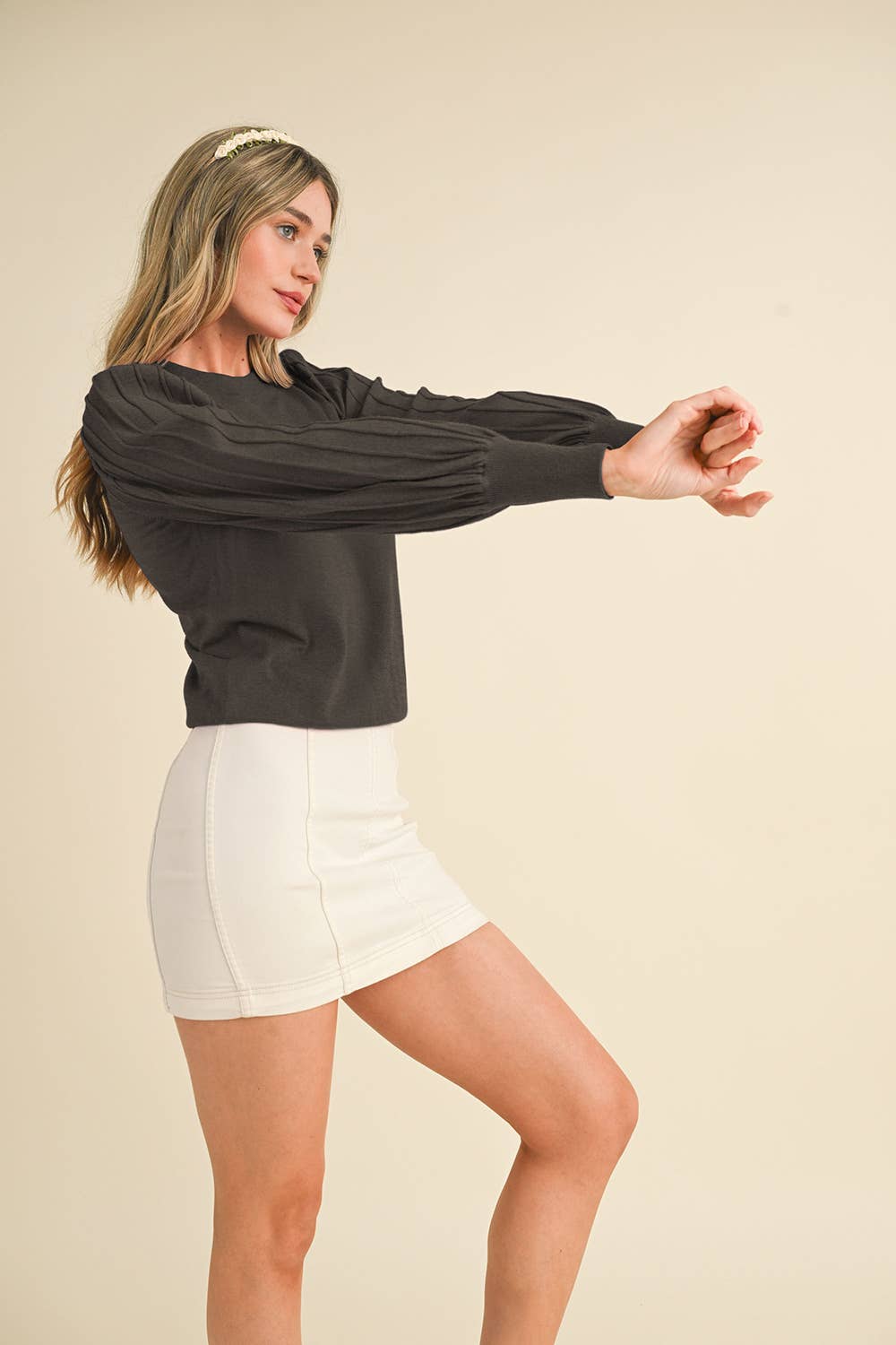 &MERCI - STRIPE TEXTURE PUFF SLEEVE SWEATER MSW9485: ROSEMARY GREEN / S