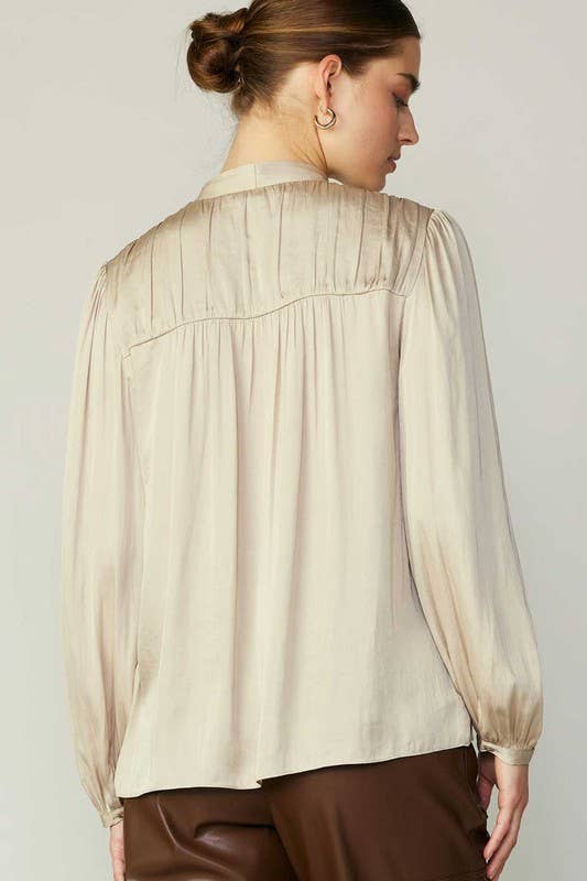 Current Air - V-neck Pleated Blouse W/Self Tie: Ecru / XS